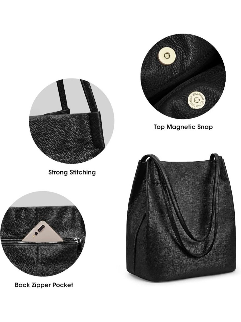 Women's Black Genuine Leather Shoulder Bag With 5 pockets and Top Magnetic - Picture 5 of 6